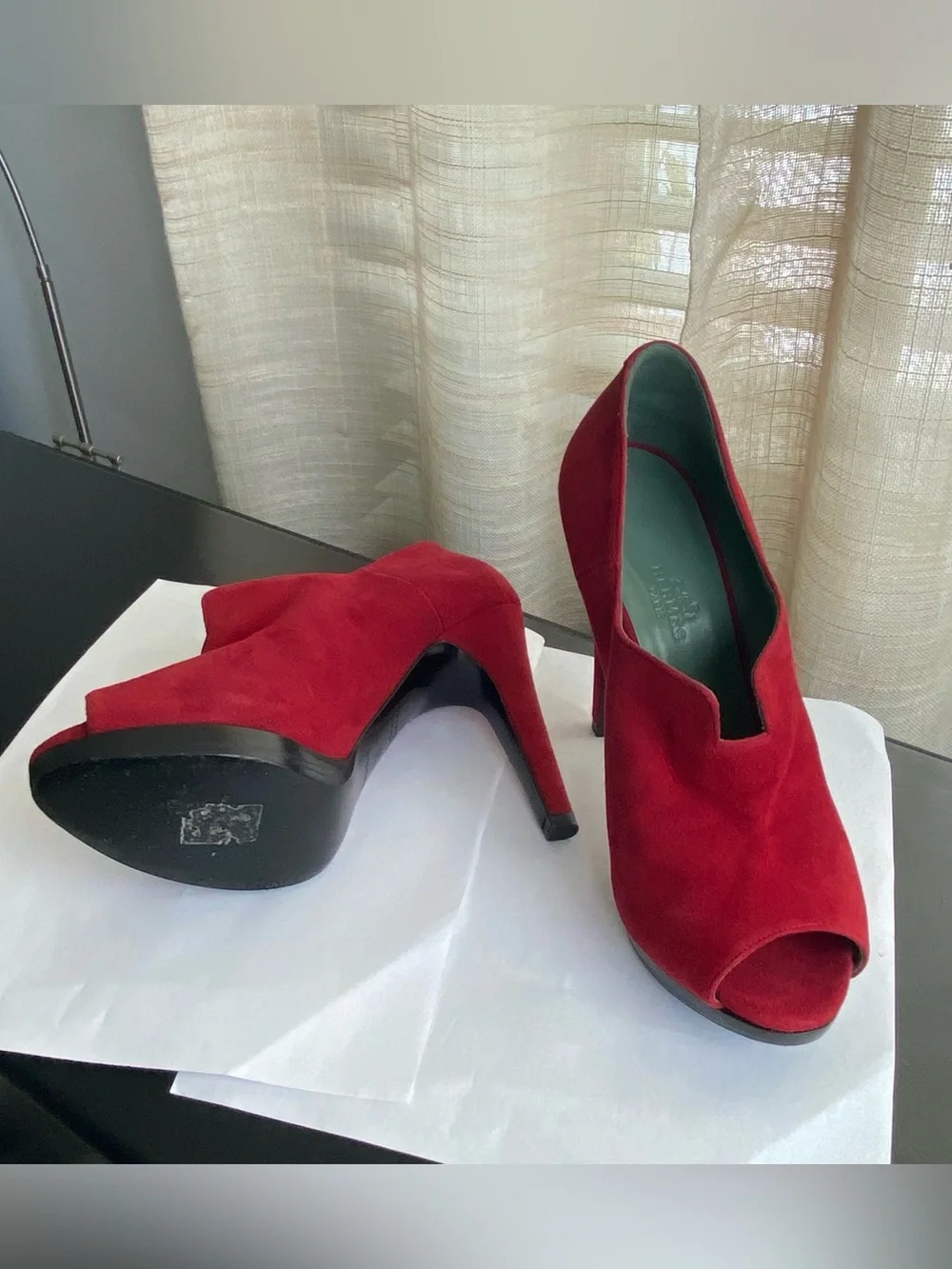 Hermes Red Suede Peep-Toe Stiletto Booties boots slides sandals 37 Italy pumps